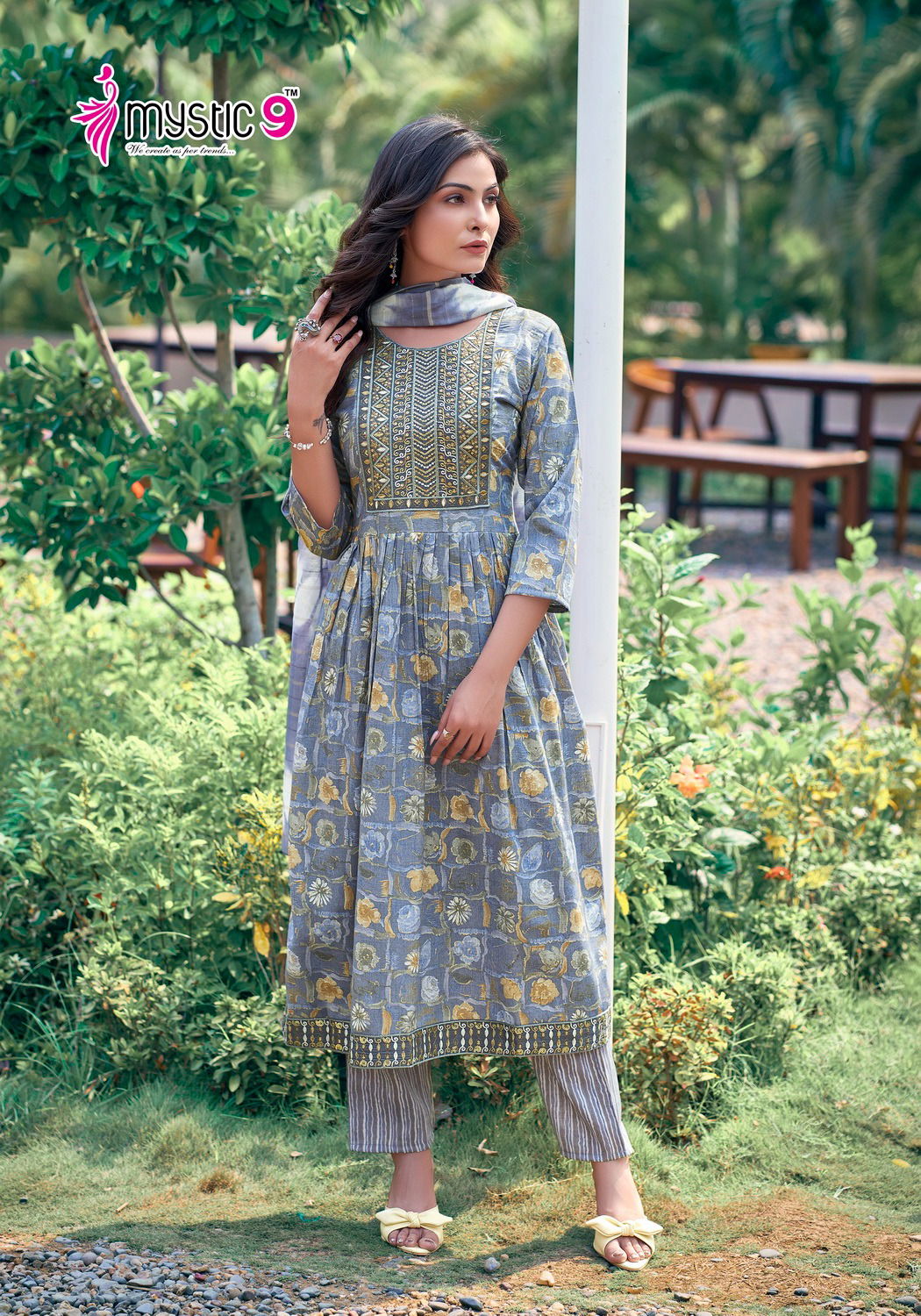 Sara Vol 4 By Mystic 9 Naira Cut Rayon Printed Kurti With Bottom Dupatta Wholesalers In Delhi
